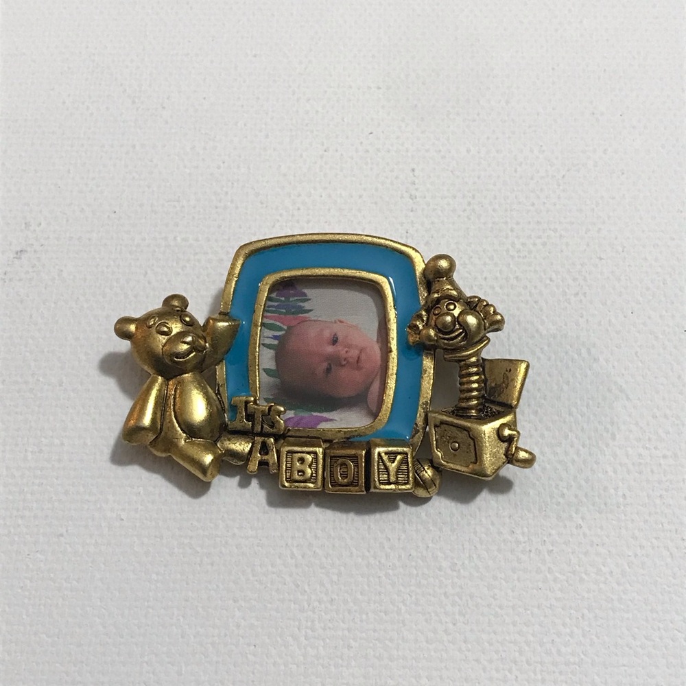Danecraft Gold Tone Cute It’s a Boy Blue Baby Picture Frame Brooch Pin
